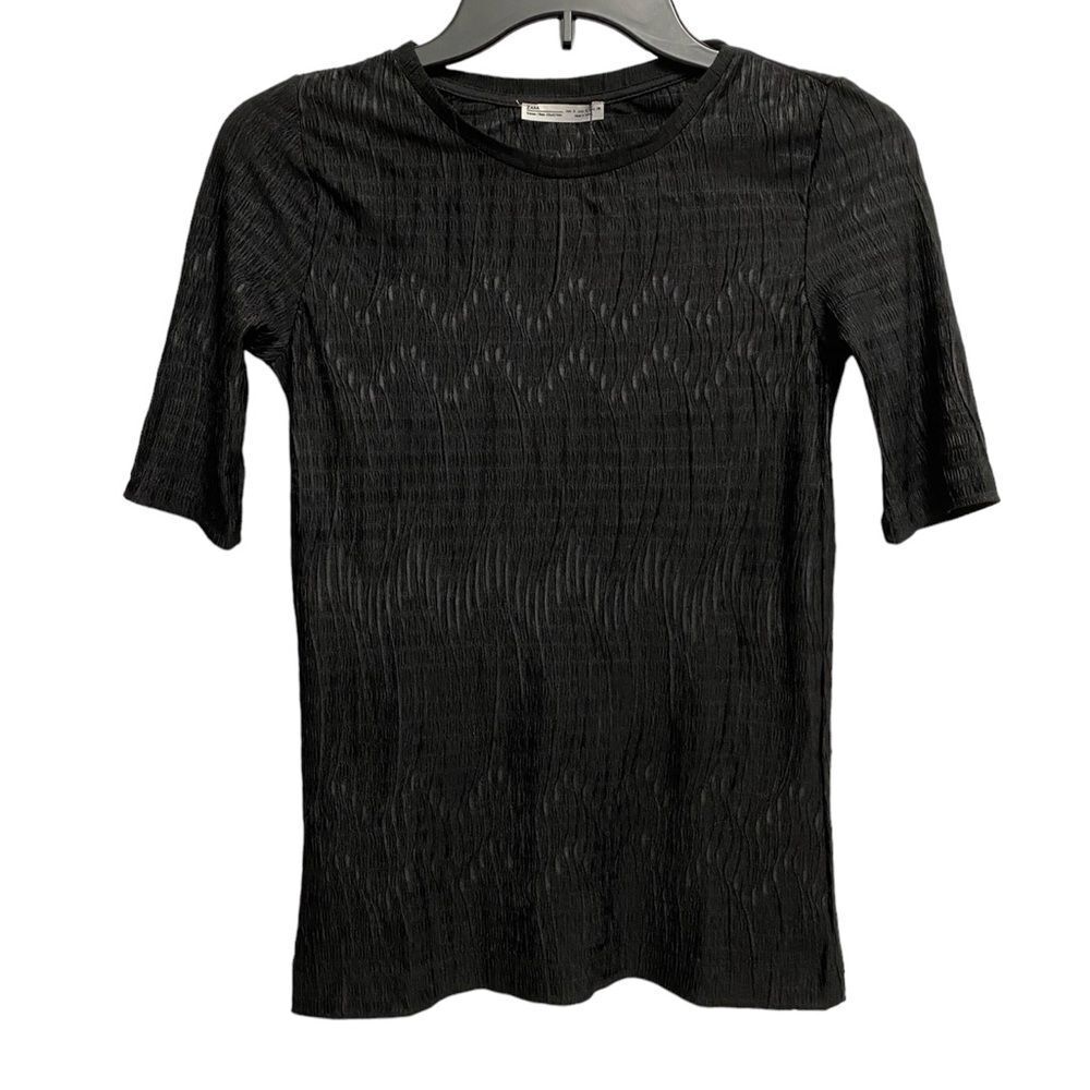 NWT Zara Crinkled Textured Short Sleeve Top Sz S Black Geometric Pattern Preppy